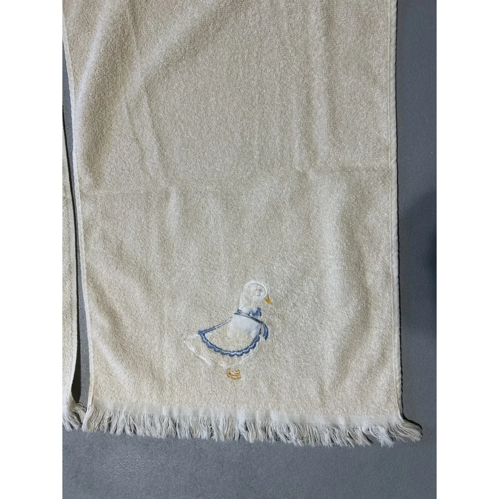 Vintage Cannon Geese Hand Towels Set of 2 Cream Blue Fringed Made in USA 1980s